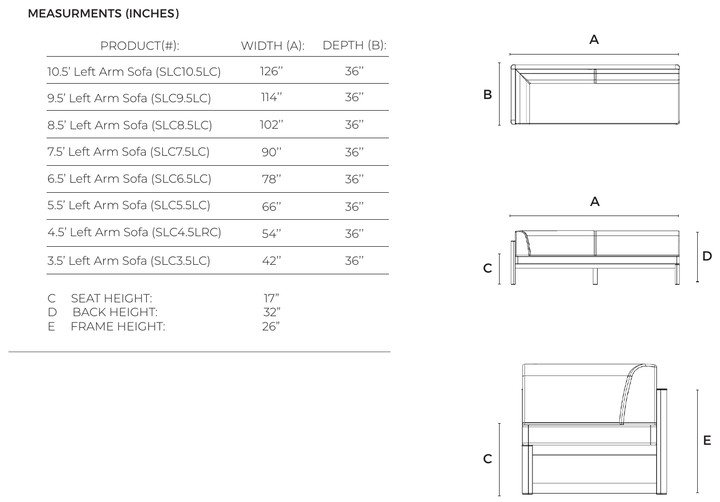 Sola Left Arm Sofa/Sectional dimensions
